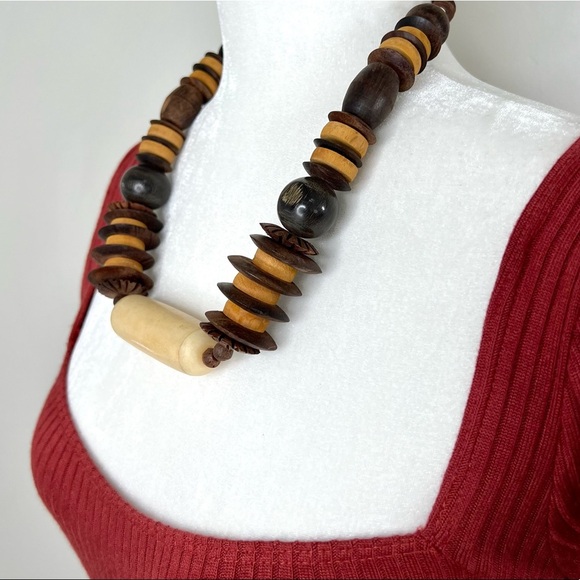Wooden Beaded Necklace Boho Tribal Bohemian Statement Boho Wood 10 Inches - Picture 4 of 14